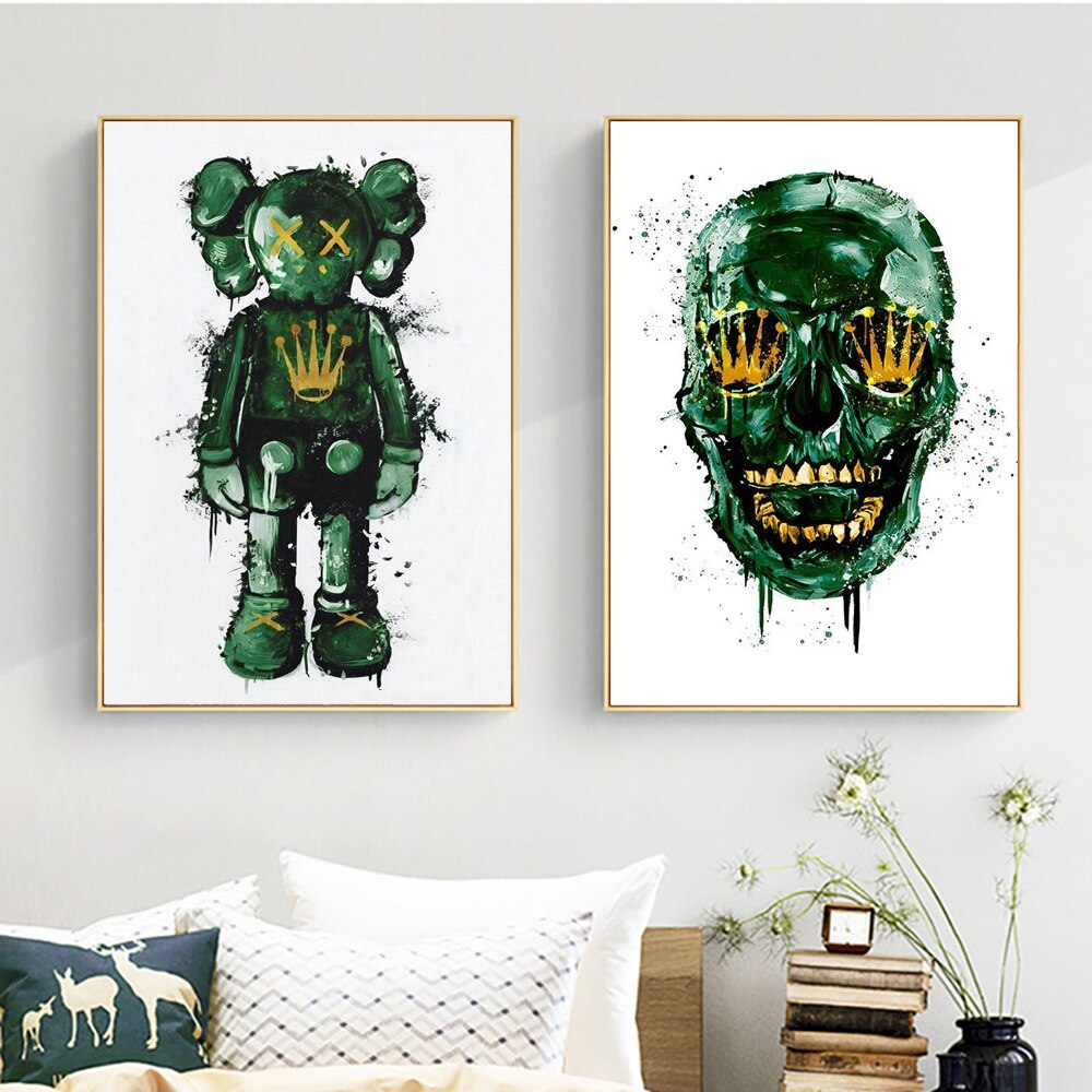 Green Doll Skull Graffiti Wall Art