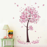Pink Flowers Tree Butterflies Wall Stickers