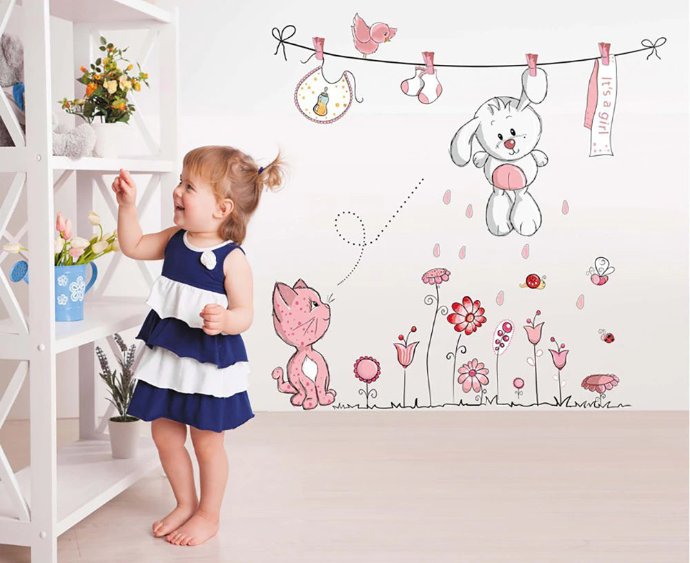 Pink Cartoon Cat & Rabbit Wall Sticker