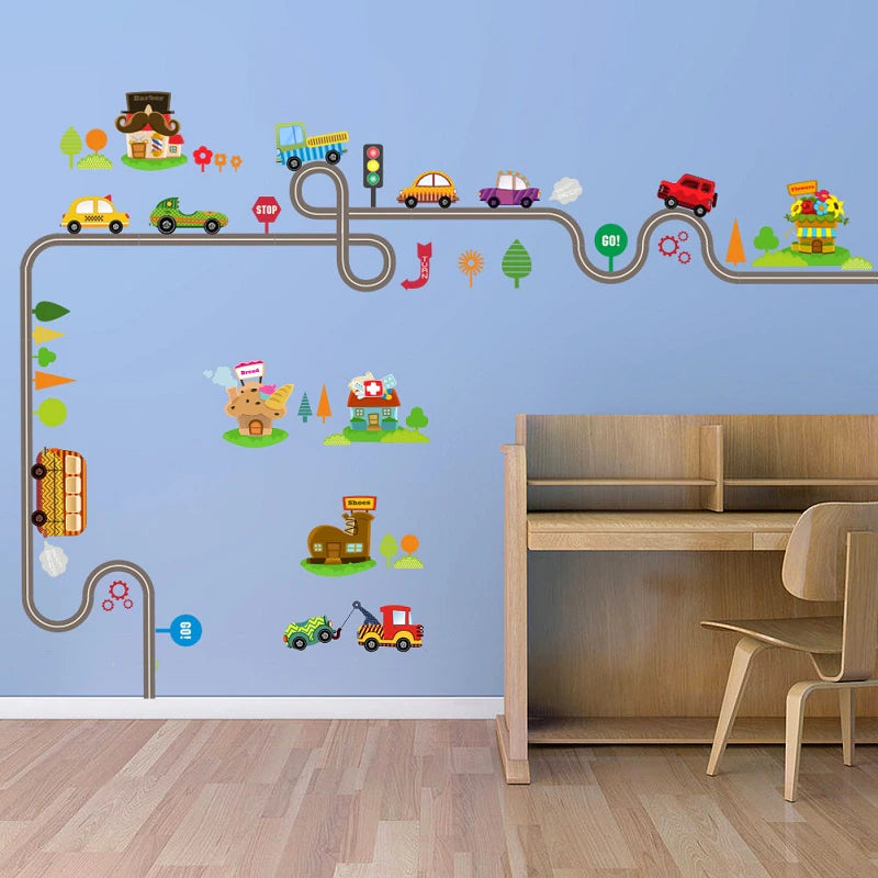 Cartoon Highway Track Cars Wall Stickers