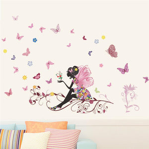 Angel Girl With Butterfly Flower Wall Decal