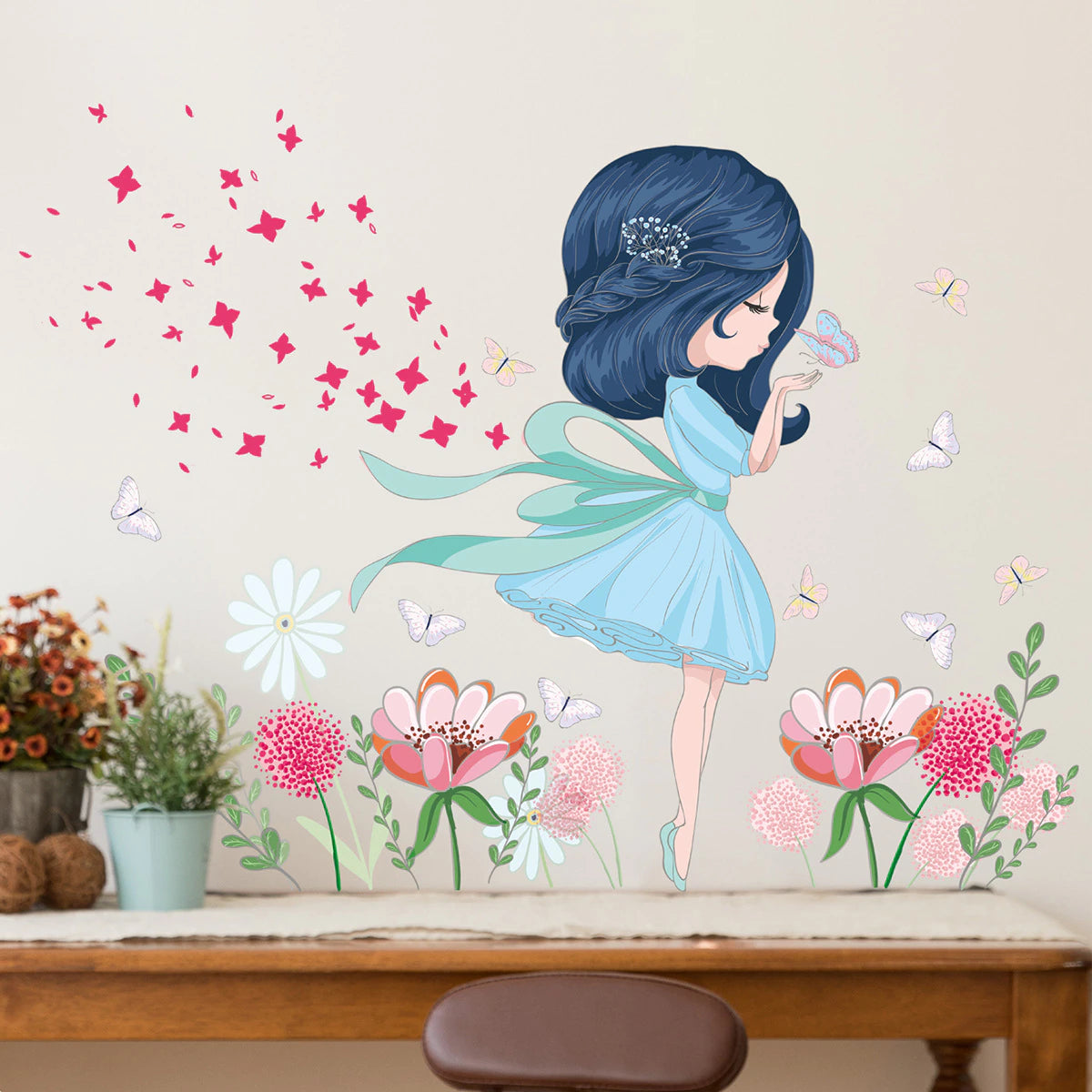 Cartoon Girl Butterflies & Plant Wall Stickers