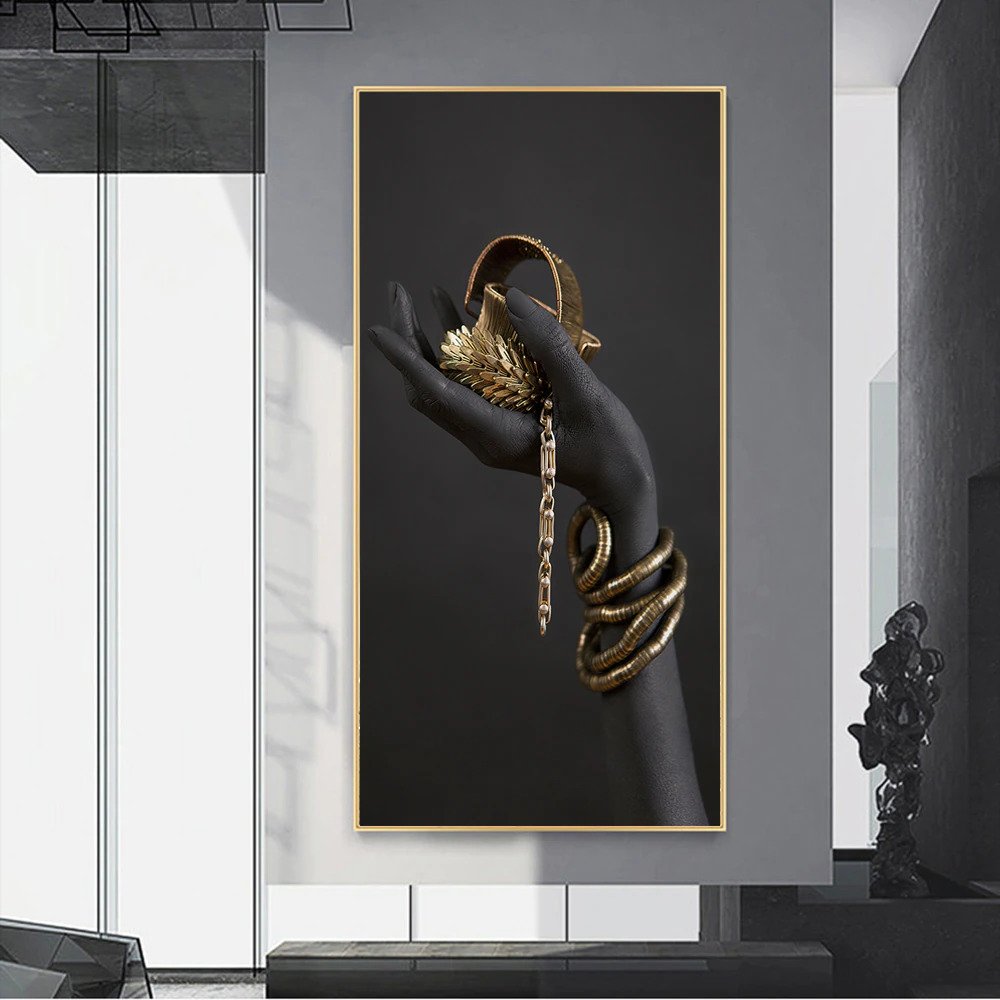 Black Hands Holding Golden Jewellery Canvas Art