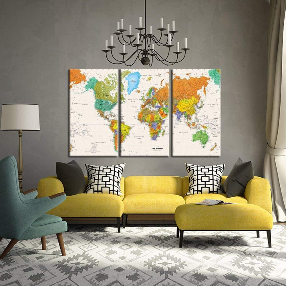3 Pieces World MAP Canvas Wall Art - Pretty Art Online