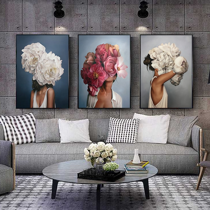 Flowers & Feathers Woman Abstract Canvas
