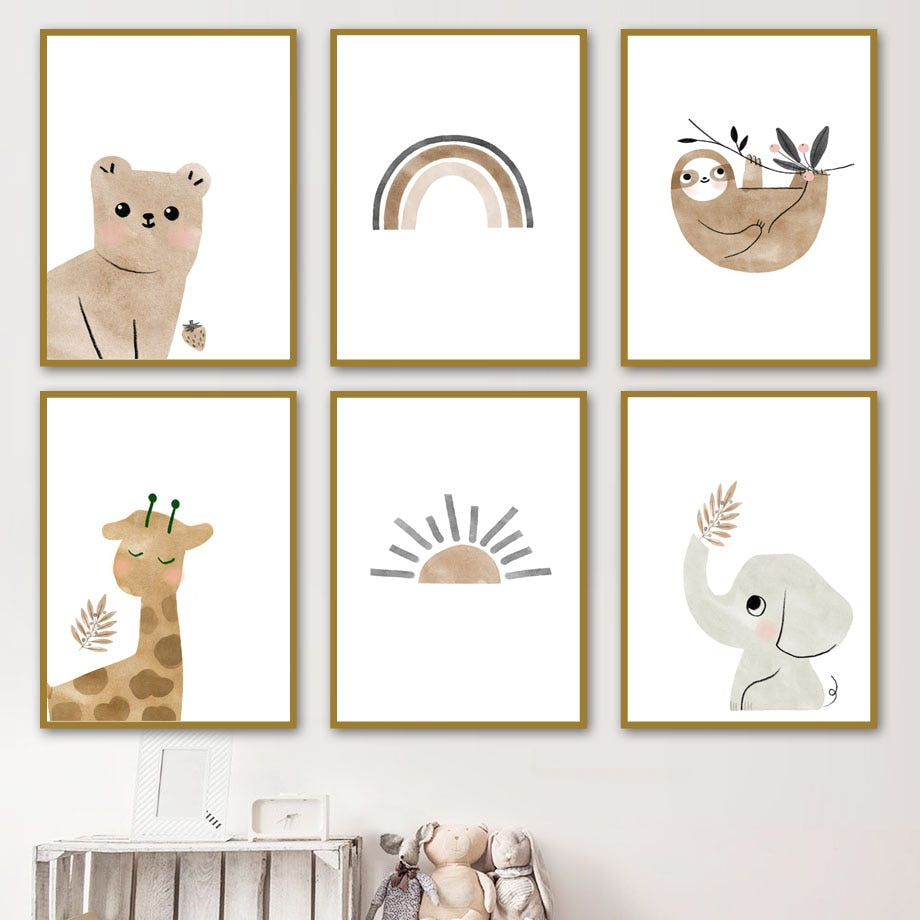 Bear, Elephant, Giraffe, Sloth, Sun & Rainbow Wall Art