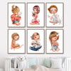 Cartoon Girl Deer, Cat, Rabbit & Swan Nursery Wall Art