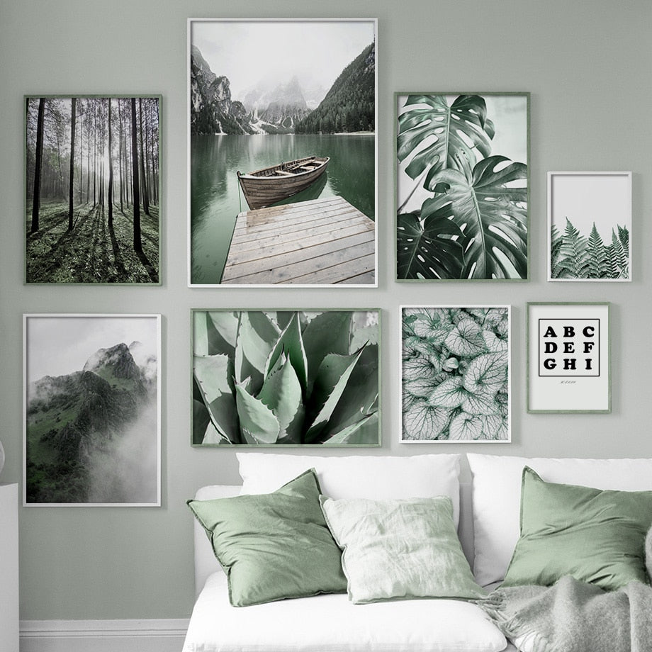 Green Plant Monstera Forest & Lake Mountain Wall Art