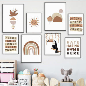 Abstract Cartoon Mountain, House ,Toucan & Alphabet Wall Art