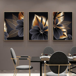 Black Golden Plant Leaf Canvas Artwork - Pretty Art Online