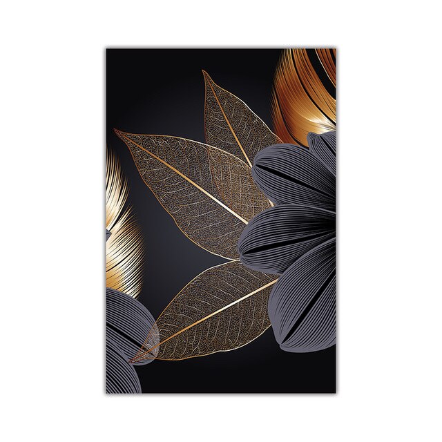 Black Golden Plant Leaf Canvas Artwork - Pretty Art Online