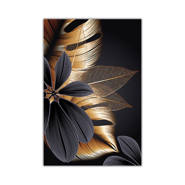 Black Golden Plant Leaf Canvas Artwork - Pretty Art Online