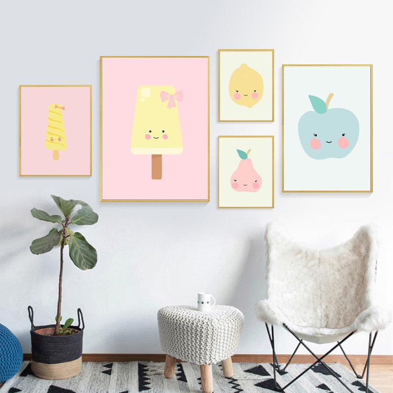 Cute Fruit Apple, Pear, Mango, Ice Cream Wall Art - Pretty Art Online