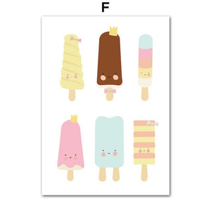 Cute Fruit Apple, Pear, Mango, Ice Cream Wall Art - Pretty Art Online