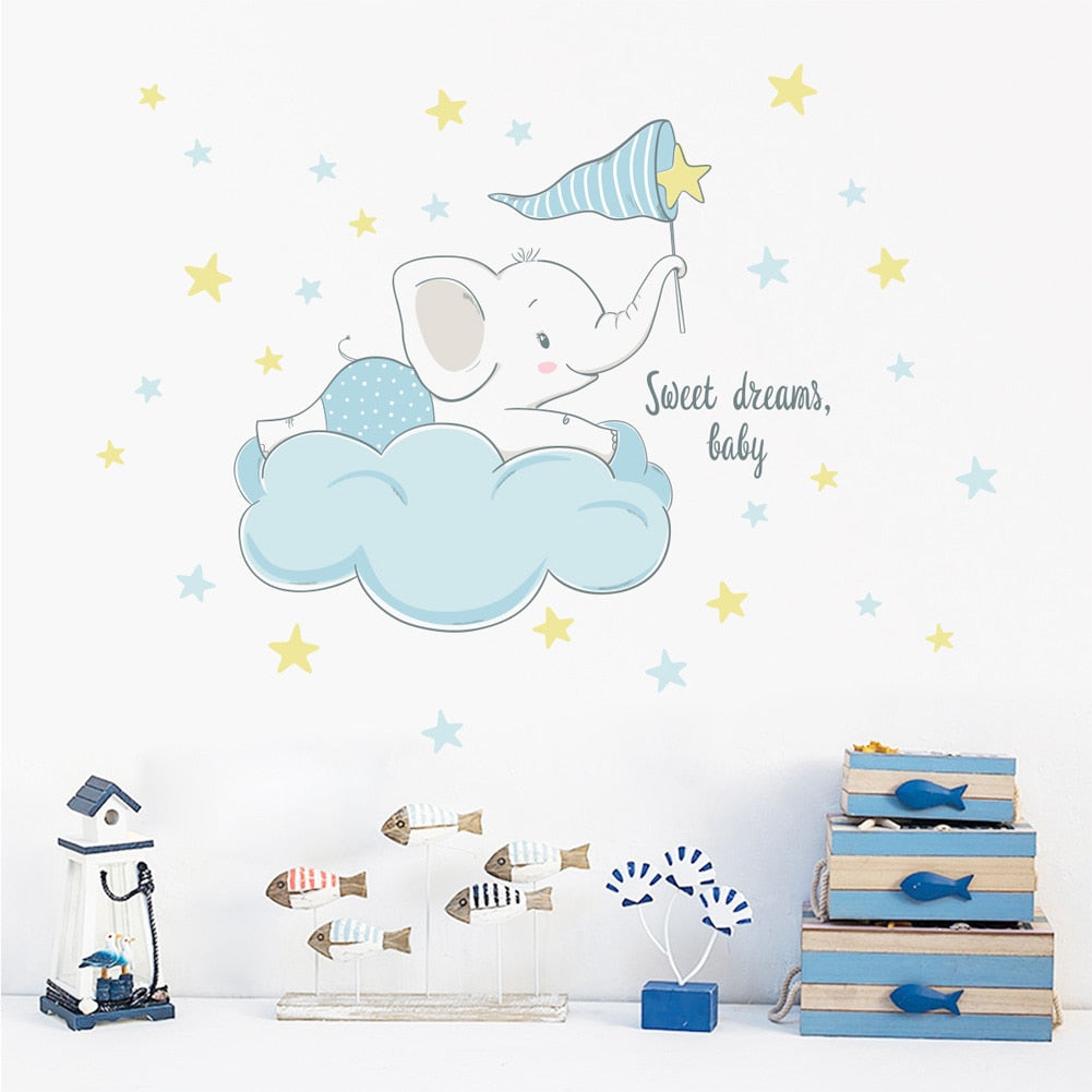 Cartoon Elephant On The Clouds Wall Sticker