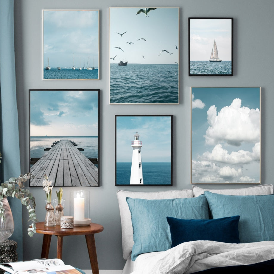 Blue Ocean, Boat & Lighthouse Seascape Canvas