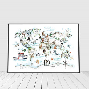 Cartoon Animals World Map Wall Art