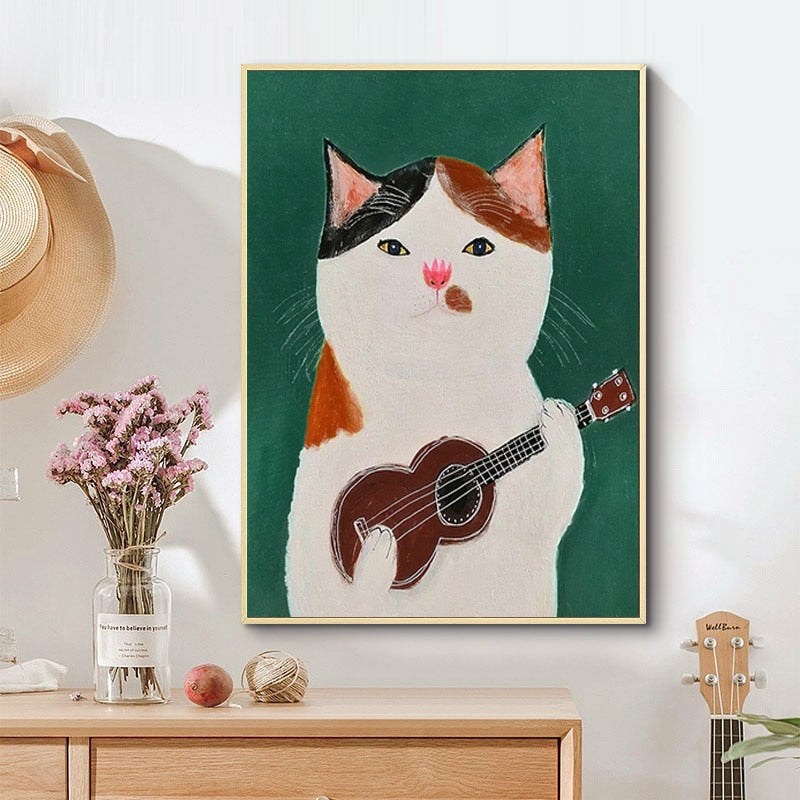 Modular Poster Cat Cartoon Playing Ukulele - Pretty Art Online