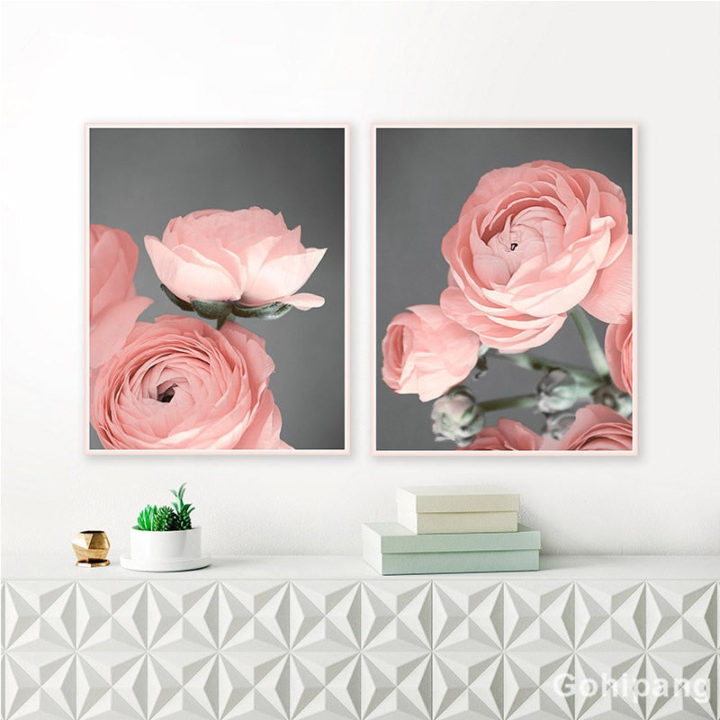 Pink and Grey Flower Prints Floral Home Art - Pretty Art Online