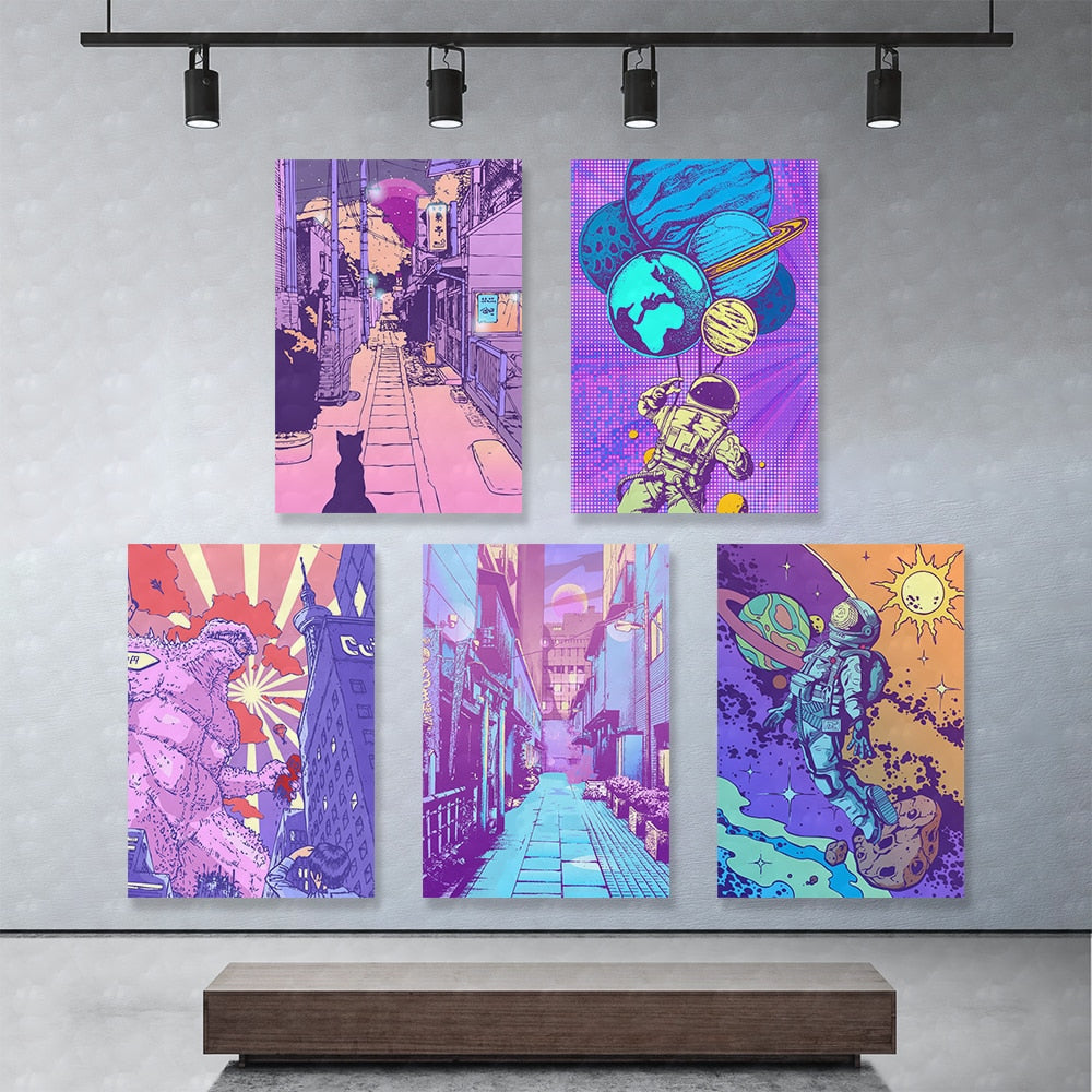 Canvas Painting Purple City Build Street - Pretty Art Online