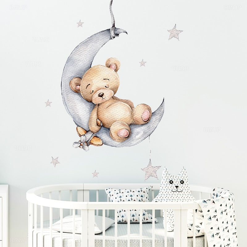 Cartoon Teddy Bear Sleeping On The Moon And Stars Wall Stickers