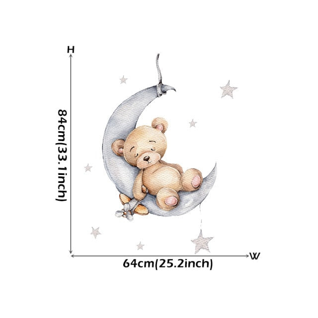 Cartoon Teddy Bear Sleeping On The Moon And Stars Wall Stickers