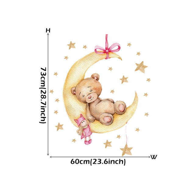 Cartoon Teddy Bear Sleeping On The Moon And Stars Wall Stickers