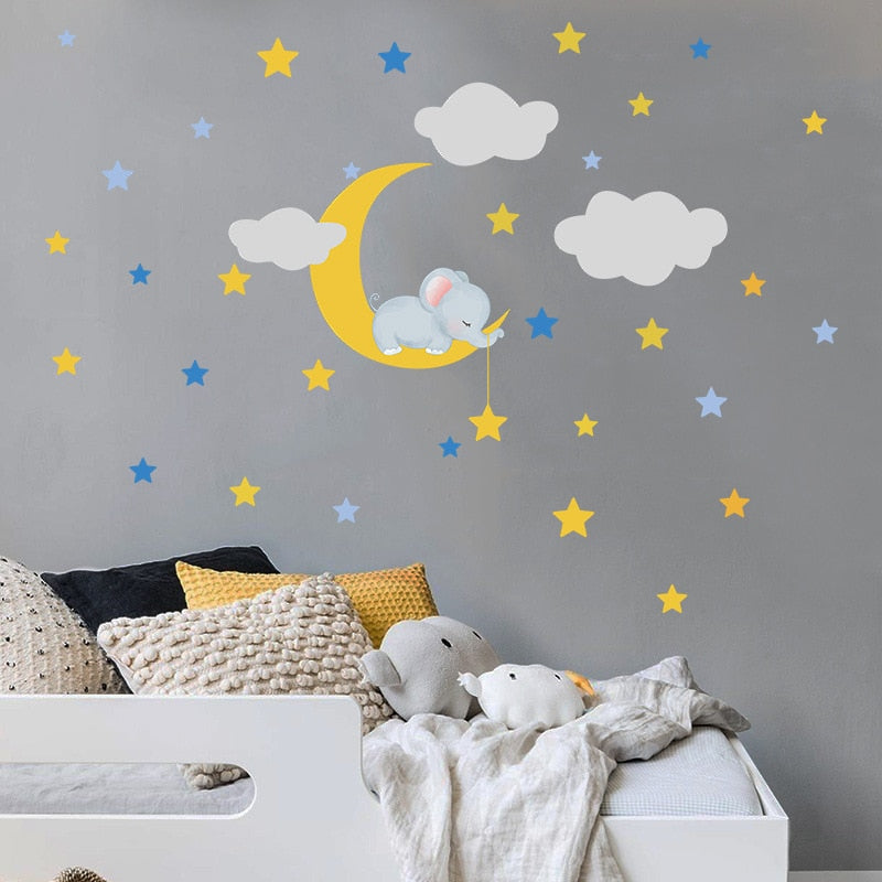 Cartoon Baby Elephant, Moon & Stars Wall Stickers