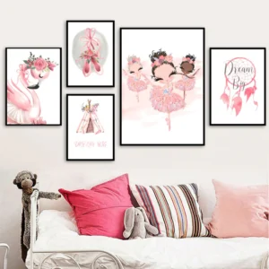 Ballet Girl, Flamingo Flower & Crown Tent Nursery Wall Artwork